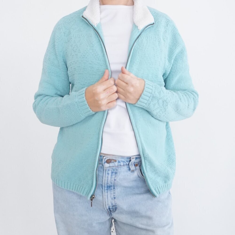 Vintage Croft & Barrow Teal Knit Zip Up Cardigan Sweater M